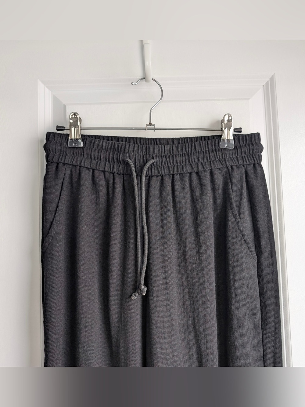 Halara High Waisted Drawstring Pocket Wide Leg Casual Linen-Feel Pants Black SP - Picture 3 of 9